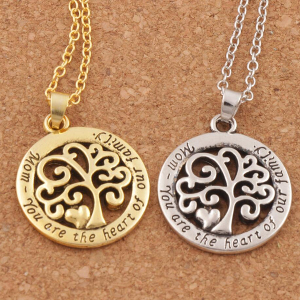 Hot Mom You Are The Heart Of Our Family family Tree Of Life Chain Necklace Fashion Pendant Necklaces N1663 24inches