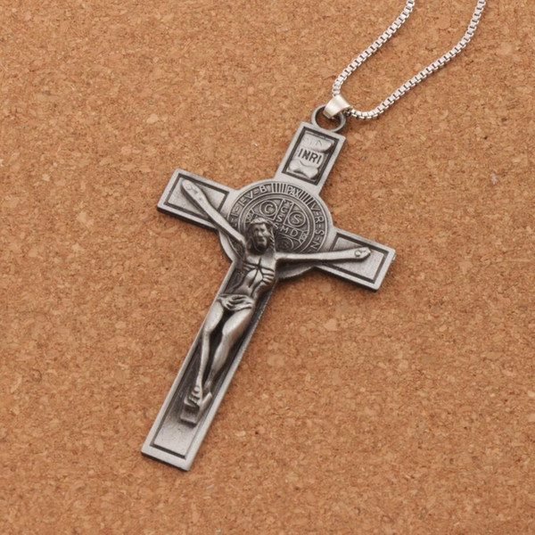 Hot Jewelry Saint Benedict Medal Catholic Crucifix Bible Prayer Cross Pendant Men Necklace Chain 24inches N1783