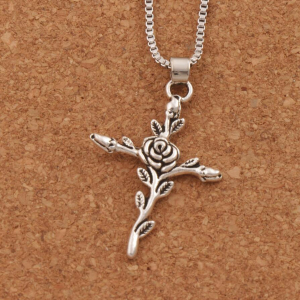 Bud Rose Flower Cross Pendant Necklaces Antique Silver Jewelry N440 Chain 24inches Hot sell fashion Jewelry