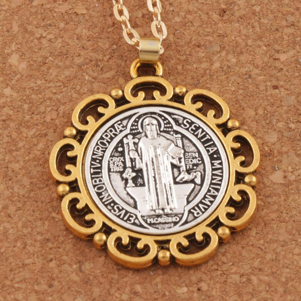 2-Tone Flower St Saint Benedict Exorcism Medal Catholic Cross 33mm Pendant Necklaces N1705 24inches Religious Jewelry