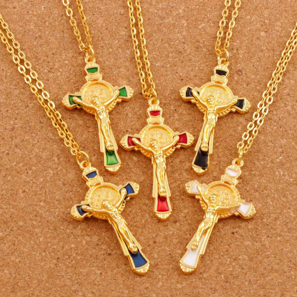 20pcs/lot Enamel Cristo Redentor Saint Benedict 5Colors Medal Gold Plated Cross Crucifix Pendant Necklaces 24 inches Chains N1670-G