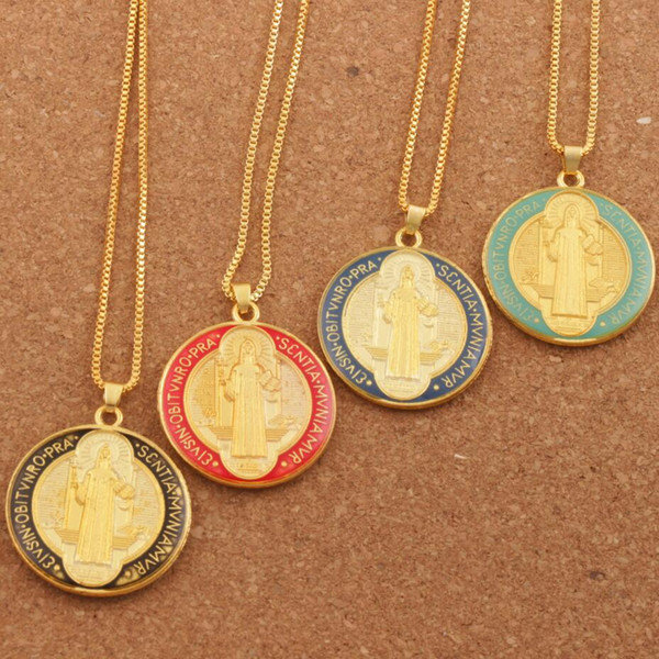 mix Enamel Round Saint Benedict Medal Pendant Celtic Cross Christian Pendant Necklaces N1668 24inches Fashion Jewelry