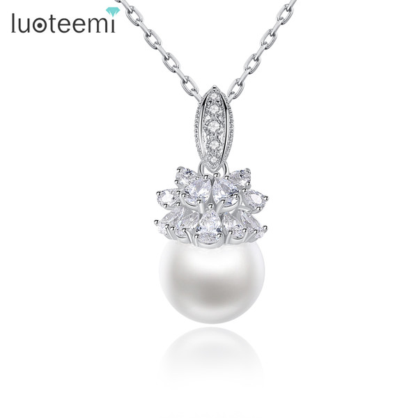 LUOTEEMI Silver Color Imitation Pearl Necklaces & Pendants with Paved Micro Cubic Zircon Women Trendy Jewelry Collares