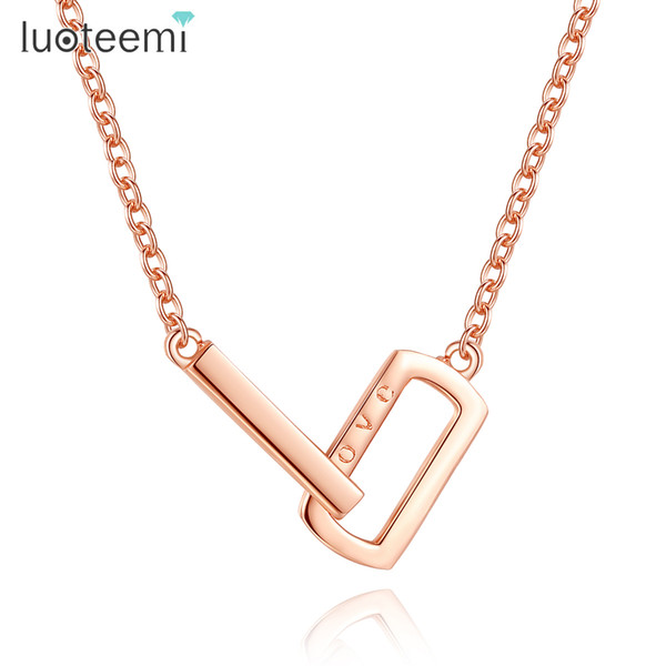 LUOTEEMI Brand Double Square Shaped Pendant Necklaces For Women Genuine Sterling Silver Rose Gold Color Necklaces Jewelry Bijoux