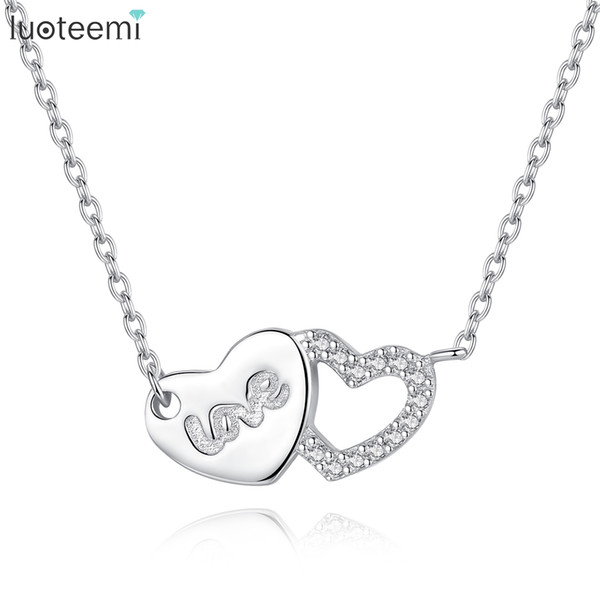 LUOTEEMI Cusomized Love Double Hearts Pendant Necklaces For Women 100% 925 Sterling Silver Necklace Valentine Day Jewelry Gifts