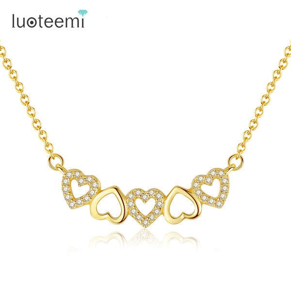 LUOTEEMI Real 925 Sterling Silver Choker Necklaces For Women Cubic Zirconia Five Hollow Heart Pendant Necklace Jewellery Gifts