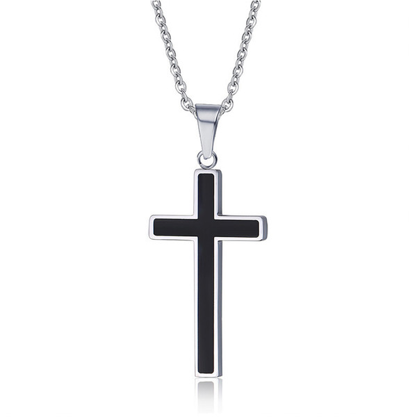 Cross Necklace Men Black Color Stainless Steel Jesus Christian Pendant Neck Lace with 50 cm Link Chains for Male Religious Lucky Jewelry