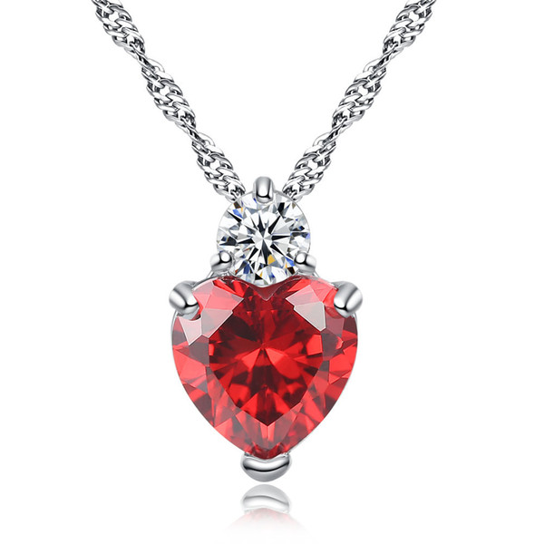 Red Purple Crystal Zircon Stone Love Heart Pendant Necklace Women Trendy Neck Choker Jewelry 45cm 18