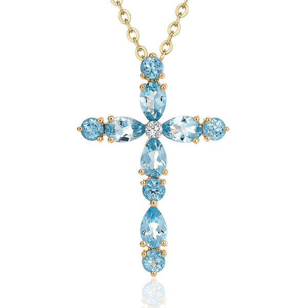 OMONDE Women Gold Color Copper Cross Pendant Necklace 45cm Link Chains Blue Shiny Stone Wedding Party Jewelery for Female Best Friend