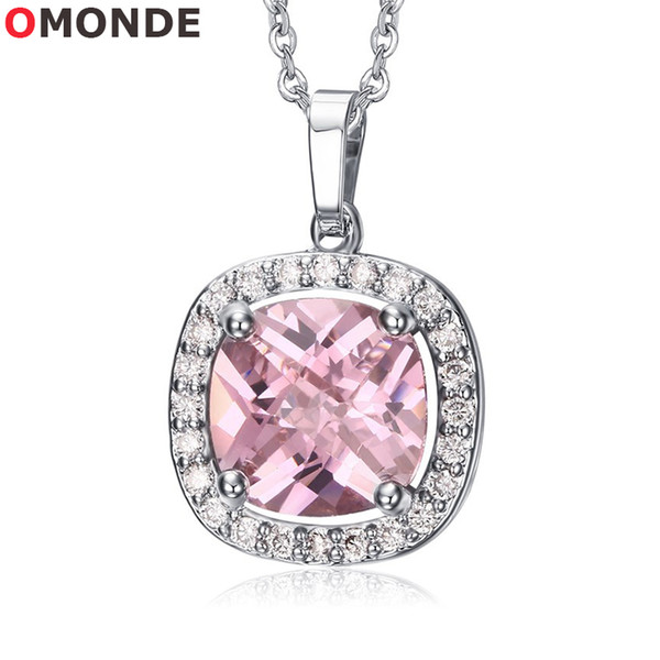 OMONDE Women Pink Color Shiny Cubic Zircon Stone Pendant Necklace 50 cm Link Chains Neck Lace for Female Fashion Party Wedding Jewelry