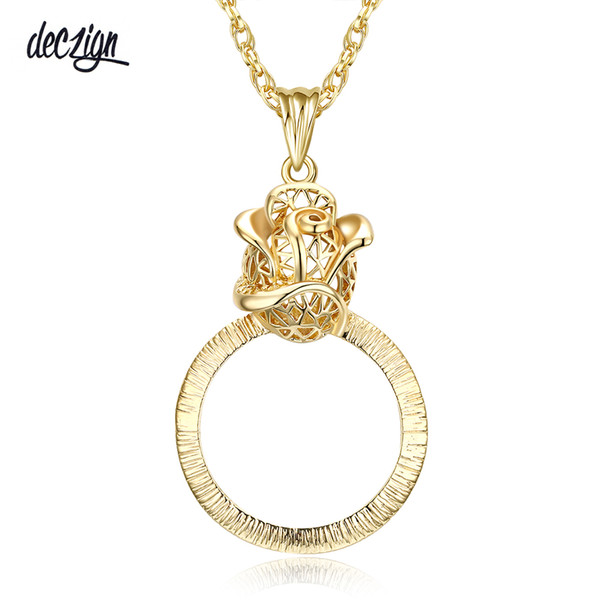 Deczign Rose Flower Design Pendant Jewellers magnifying glasses Pendant necklace Gold and Rhodium Plated Magnifier necklace P-009