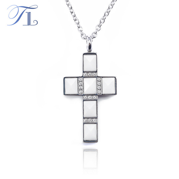 TL Black & White Ceramic Cross Pendants Necklaces For Women Notch Surface Between Zircons Silver Color Noble Ceramic Necklaces