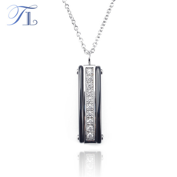 TL Black Ceramic Rectangle Necklaces For Women Silver&Rose Gold Color Zircon Surface Shiny Pendant Necklace With Extended Chain