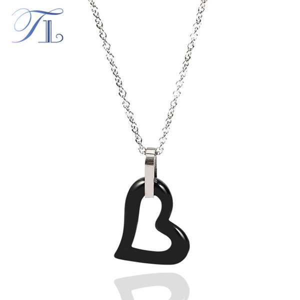 TL Black&White Ceramic Crooked Heart Necklace For Women Hollow Crooked Heart Special Design With Stainless Steel Extended Chain