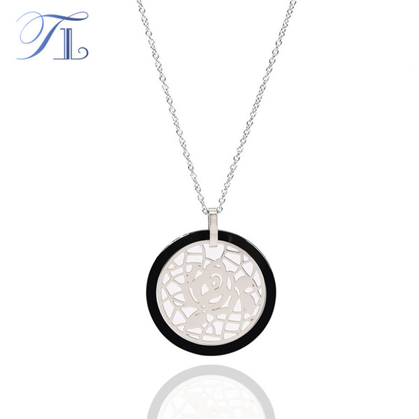 TL Black & White Ceramic Round Pendant Necklace For Women Stainless Steel Hollow Rose Sheet Ceramic Jewelry With Extended Chain