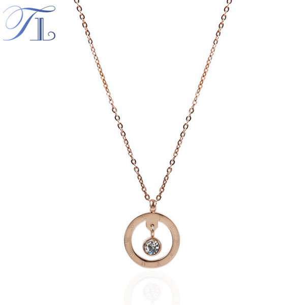 TL Rose Gold Stainless Steel Necklace For Women Unique Design Hollow Round Pendant Hanging Big Zircon New Fashion Party Jewelry