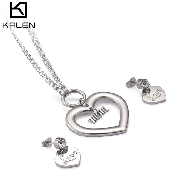 Heart Pendant Necklace & Earring Mom Jewelry Set Family Love Polished Silver Stainless Steel Wholesale DHL Freeship KALEN