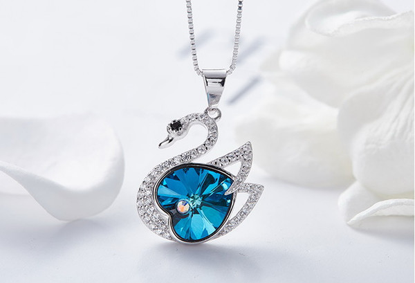 Prebeauty high end super cute s925 sterling silver swan pendant necklace Swarovski element Crystal jewelry women birthday gift