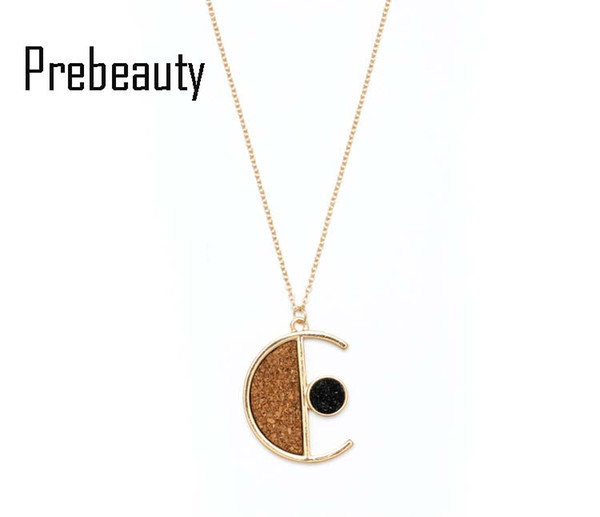 Gold Delicate Wooden Necklace Stylish Simplicity Girl's Wood Moon Necklace Geometrical Element Combination Metal Long Pendant