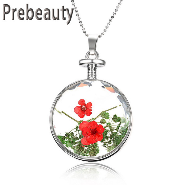 Natural Real Red colorful Decorative Dried Flowers Necklace Pendant Dry Flower Plants Jewelry Round Metal Glass Necklace Birthday Gift