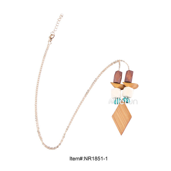 Fashion accessories long sweater chain irregular geometric colorful wood diamond bamboo pendant statement necklace