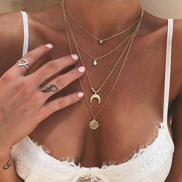 RAVIMOUR Boho Necklaces for Women Vintage Gold Silver Chain Long Moon Statement Necklace Pendant Bohemian Choker Jewelry