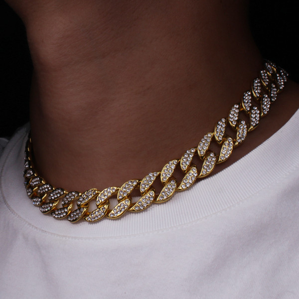 Karopel Iced Out Bling Rhinestone Golden Finish Miami Cuban Link Chain Necklace Men's Hip hop Necklace Jewelry 16,18, 20,24 Inch