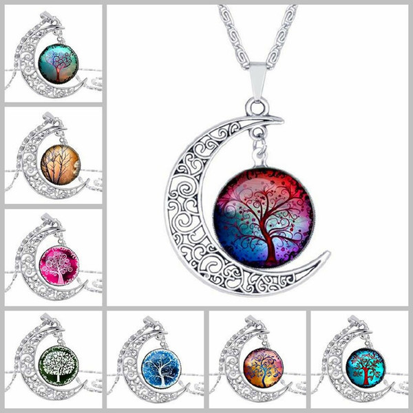 New Fashion Vintage Tree of Life Necklaces Moon Gemstone Women Pendant Necklaces Hollow Carved 8 Mix Jewelry Styles