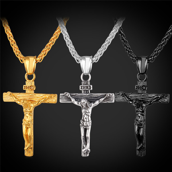 U7 Crucifix Cross Pendant Necklace Bracelet Gold/Black Gun Plated/ Stainless Steel Fashion Religious Jewelry for Women/Men Faith Necklace