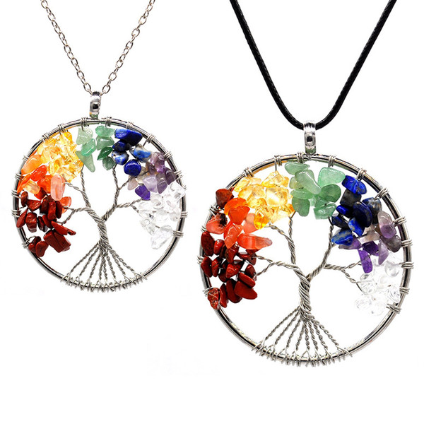 12Pcs/Set Tree of Life Necklace 7 Chakra Stone Beads Natural Amethyst Sterling-silver-jewelry Chain Choker Pendant Necklaces for Women Gift