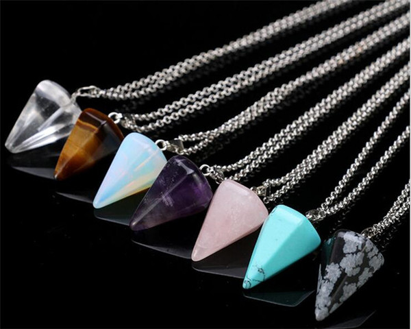 Natural Gemstone Pendant Necklace Crystal Healing Chakra Reiki Silver Stone Hexagonal Prisme Cone Pendulum Charm Necklaces R071