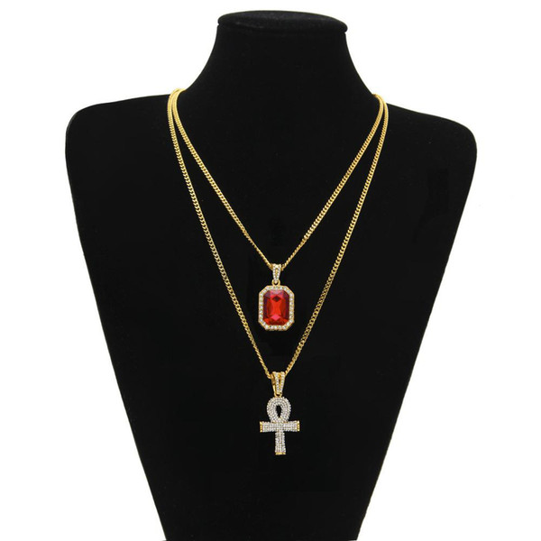 Hip Hop Jewelry Egyptian large Ankh Key pendant necklaces Sets Mini Square Ruby Sapphire with Cross Charm cuban link For mens Fashion