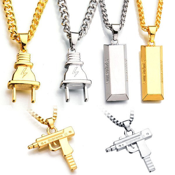 Plug Gold Bar SUP LOGO Charm Statement Necklaces & Pendants Hip Hop Jewelry Long Chains 18K Gold Plated Mens Necklaces