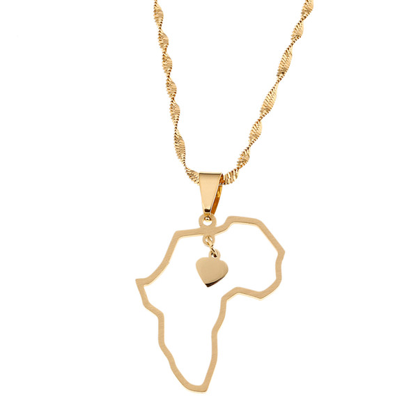 Gold Plated Stainless Steel African Map Pendant Necklace Jewelry Heart Charm Map of Africa Continent Jewelry