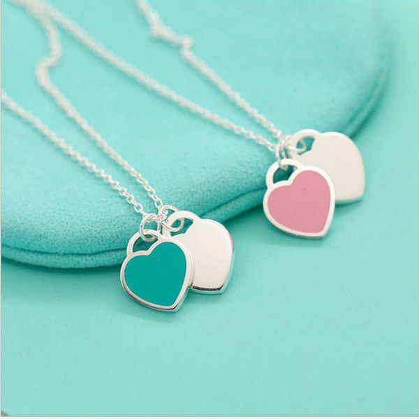 Silver-plated lady heart necklace pink blue enamel love condole chain jewelry customization wholesale