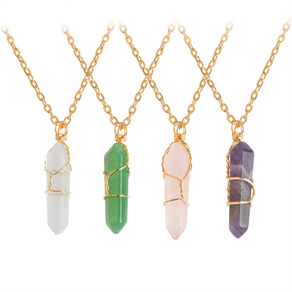 Hexagon Shape Chakra Natural Stone Healing Point Pendants Necklaces with Gold Chain for Women Jewelry Gift Drop Shipping