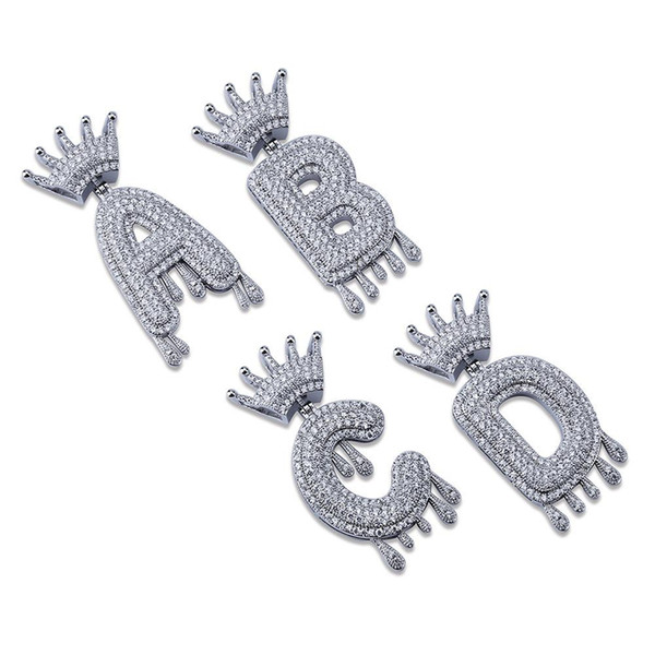 A-Z Initial Bubble Letter Necklace Name Crown Drip Letters Pendant Necklaces Men Women Gold Silver Color CZ Hip Hop Jewelry Gifts