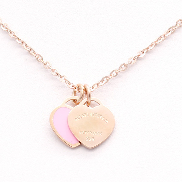 New stainless steel enamel pink double heart necklace T necklace female short18k gold titanium steel necklace pendant for woman