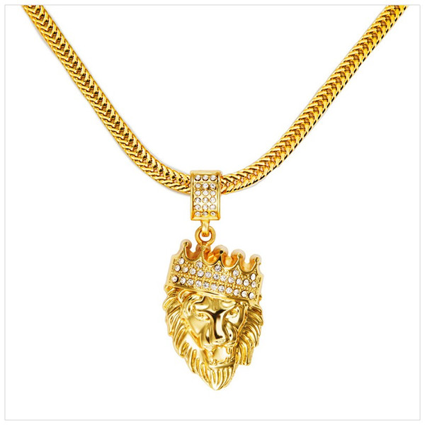 Hot Mens Hip Hop Jewelry Iced Out 18K Gold Plated Fashion Bling Bling Lion Head Pendant Men Necklace Gold Filled For Gift/Present