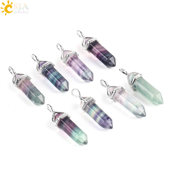 CSJA Hot Fluorite Necklace Pendant Natural Gemstone Bullet Hexagonal Point Pendulum Column Reiki Healing Chakra Jewelry for Men Women E546 A