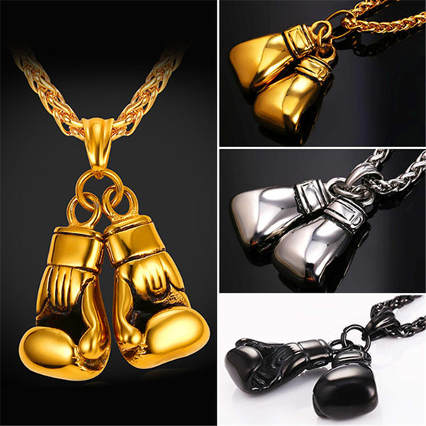 U7 Cool Sport New Men Necklace Fitness Fashion Stainless Steel Workout Jewelry Gold Plated Pair Boxing Glove Charm Pendants Accessories Gift