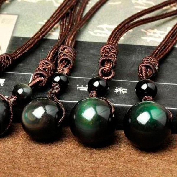 Natural Stone Black Obsidian Rainbow Eye Beads Ball Pendant Transfer Lucky Love Crystal Jewelry With Free Rope For Women and Men