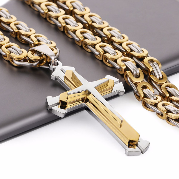 Stainless Steel Pendant Necklace 3 Layers Knight Cross Gold Silver Tone Strong Byzantine Chain Mens Fashion Jewelry Fathers Gift