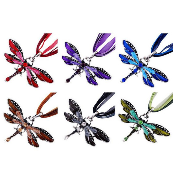 2017 hot sell 6Colors Vintage Enamel Dragonfly Crystal Pendant Necklaces Organza String Necklace Necklaces fashion Jewelry