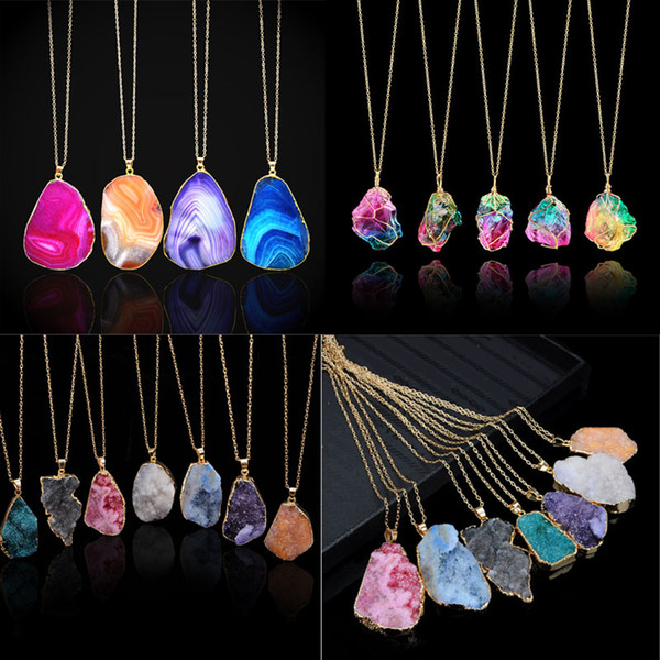 Fashion Natural stone Crystal Cutting Lines Shine Rainbow Colors Necklace Agate Pendant