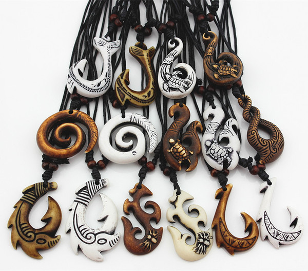 Wholesale lot 15pcs Mixed Hawaiian Jewelry Imitation Bone Carved NZ Maori Fish Hook Pendant Necklace Choker Twist Spiral Amulet Gift MN542