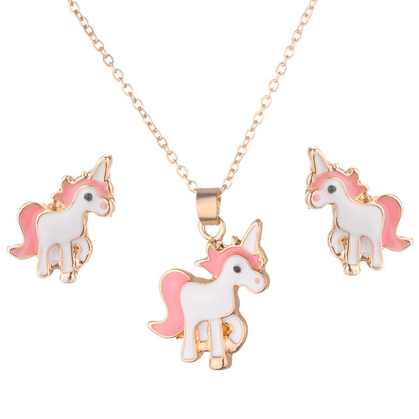 Necklace Earrings Cartoon Horse Unicorn Necklace Earring Jewelry Pink Girls Gift Jewelry