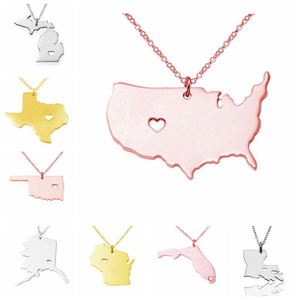 US State Map Pendant Necklace Stainless Steel Rose Gold with Love Heart USA State Geography Map Necklaces Charm Jewelry Gold Women and Men