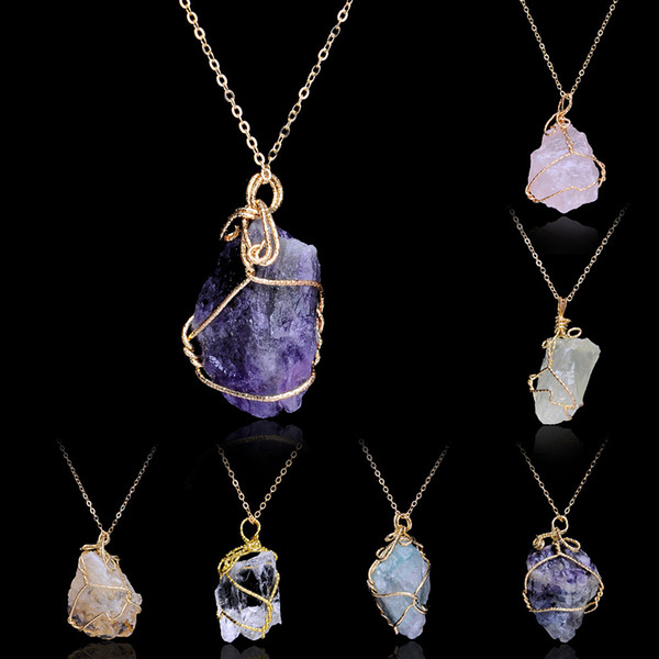 Multi Color Handmade Irregular Amethyst Citrine Wire Wrapped Pendant Necklace Women Natural Stone Crystal Quartz Fluorite Necklaces Jewelry