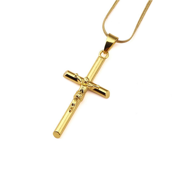 18k Gold Plated Mens Charm Jesus Cross Necklace Fashion Hip Hop Design Long 45cm Chains Punk Rock Rap Jewelry For Men